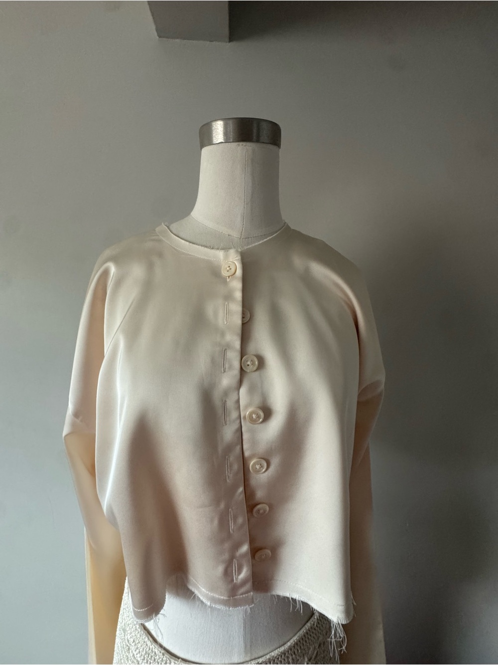 Orseund Iris Silky Cream Button-Up Cropped Blouse